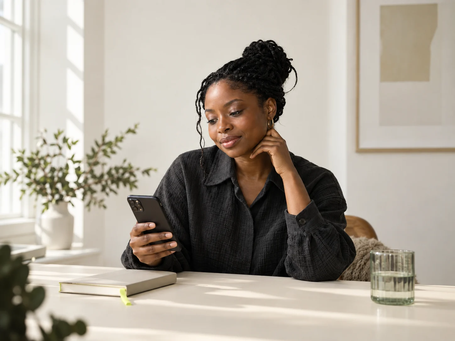 Illustrative scene of a woman sharing a resource from her phone at an ivory desk.